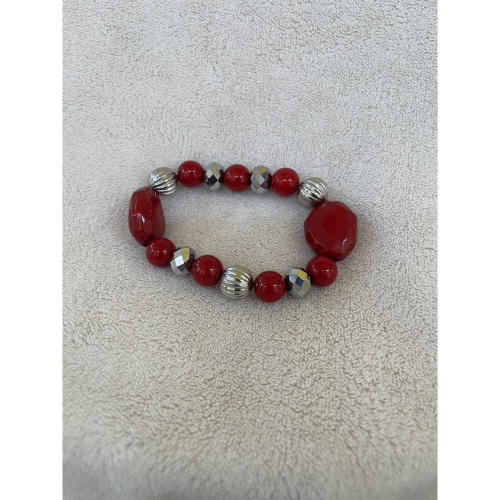 Red Silver Chunky Bead Stretch Bracelet Statement Resin Faceted Geometric 0323J